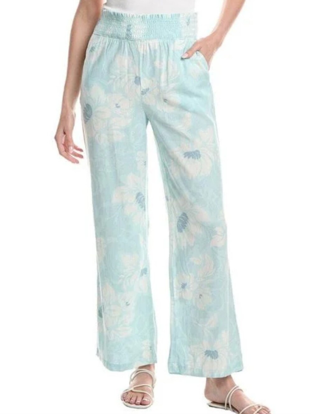 Ellen Tracy Light Blue Floral Wide-Leg Smocked Waist Linen Blend Pants Medium